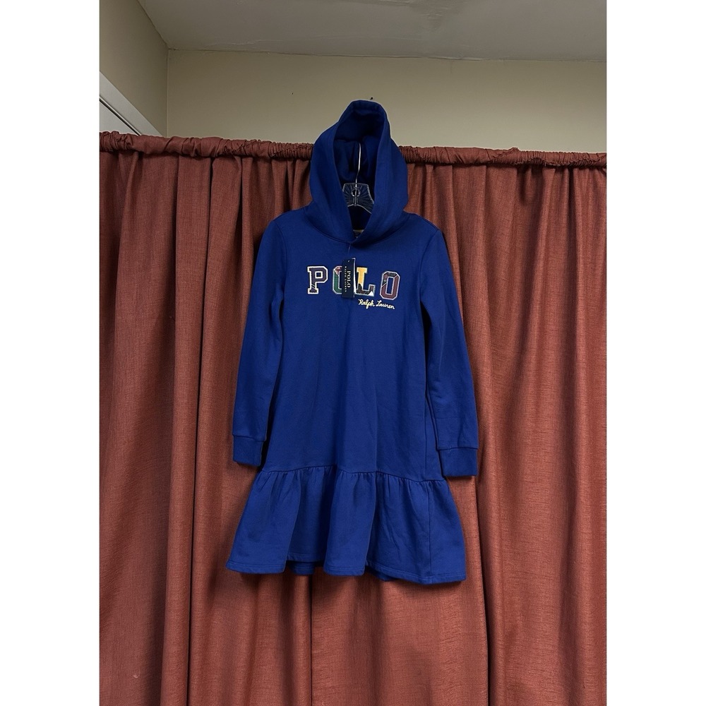 Polo Ralph Lauren Hoodie Dress Girls XL (16) Blue Patchwork Logo Ruffle Hem